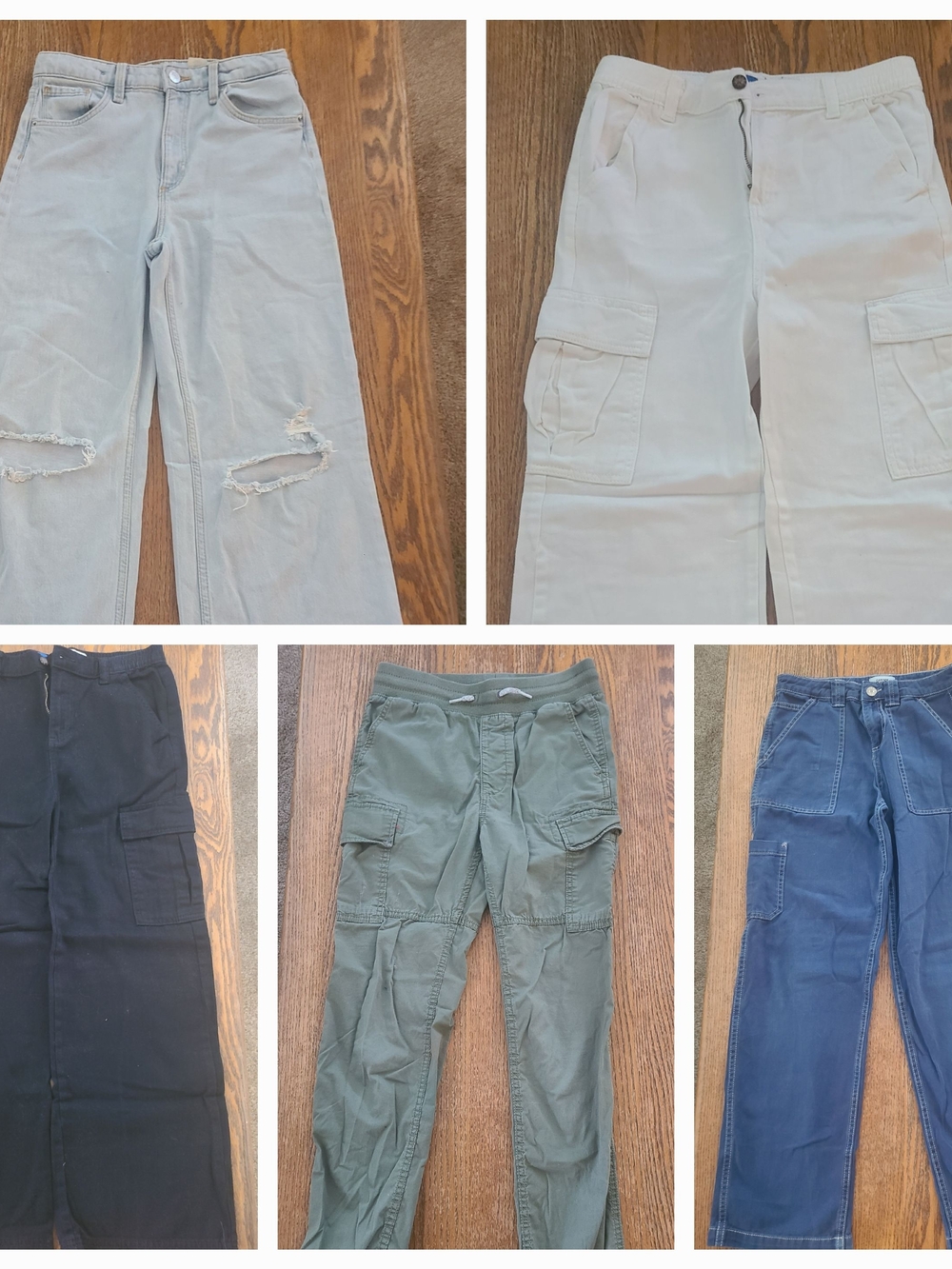 Girls XL Pant LOT. 4 Cargo Pants - White, Black, Olive, Navy. Light Blue Jeans